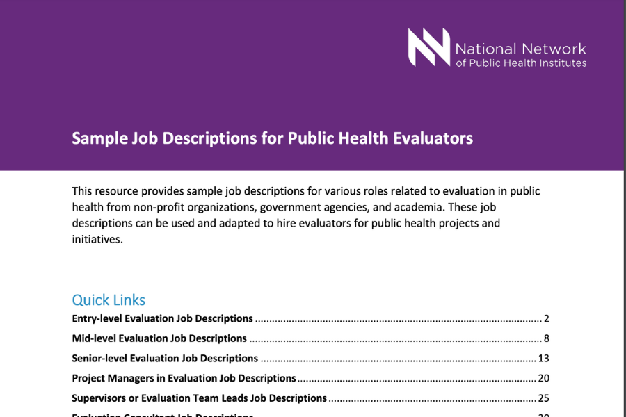 Screenshot: National Network of Public Health Institutes Sample Job Descriptions for Public Health Evaluators.