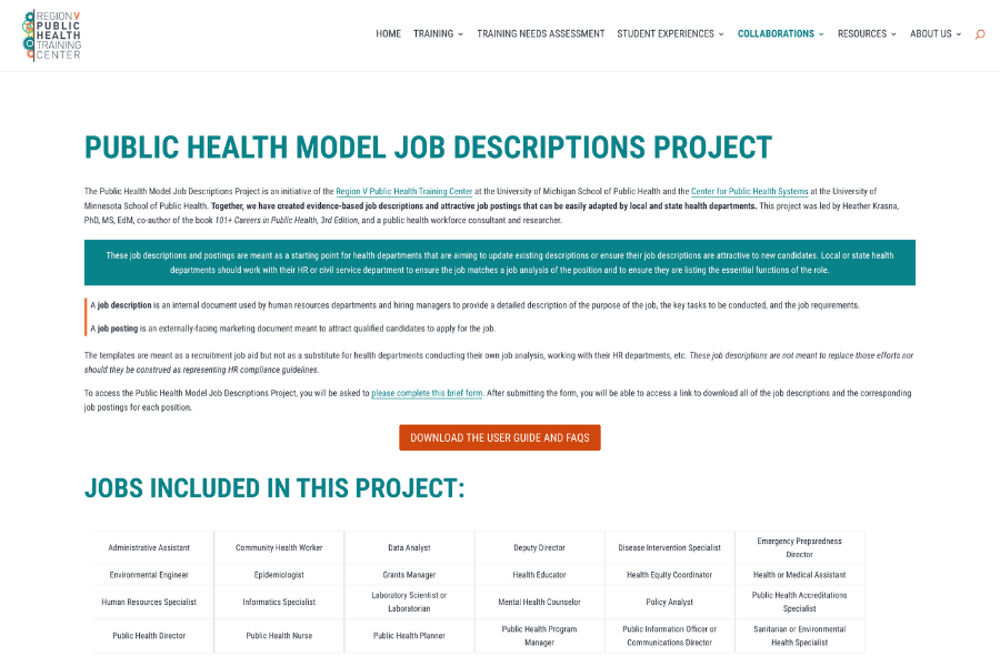 Region V Public Health Training Center Screenshot for Public Health Model Job Descriptions Project
