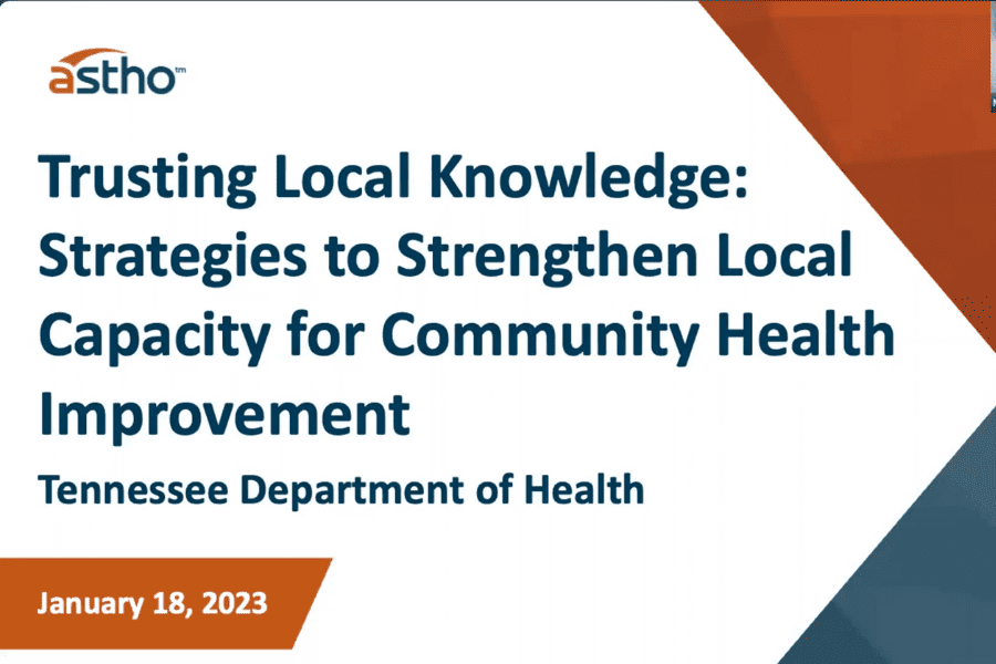Screenshot of presentation slide - text reads Trusting Local Knowledge: Strategies to Strengthen Local Capacity for Community Health Improvement, Tennessee Department of Health, January 18, 2023