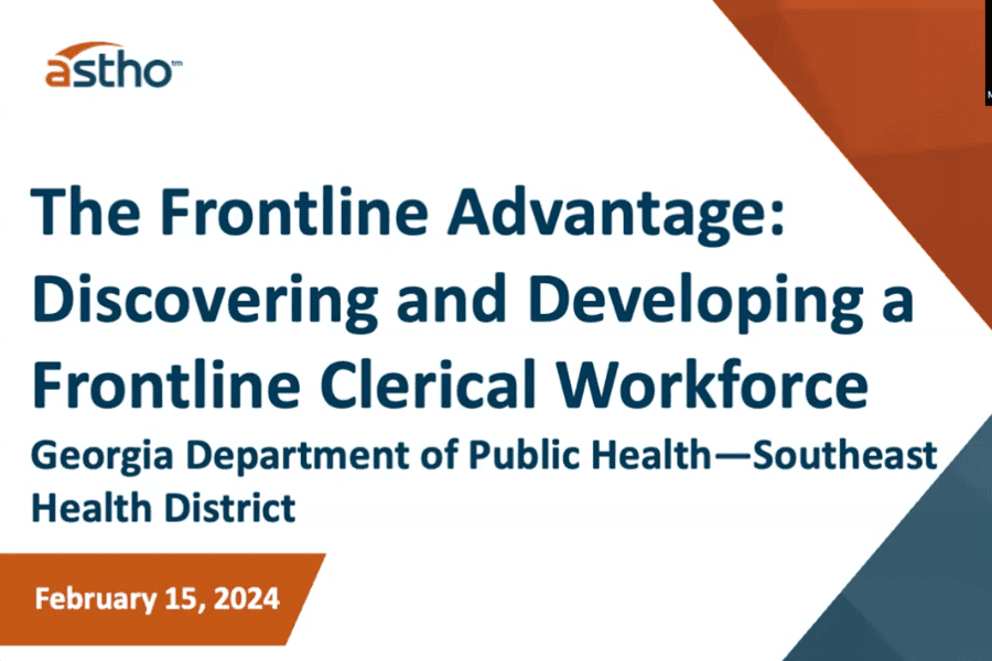 Screenshot of presentation slide; text reads The Frontline Advantage: Discovering and Developing a Frontline Clerical Workforce, Georgia Department of Public Health - Southeast Health District, February 15, 2024