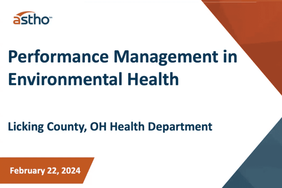 Thumbnail of presentation screenshot with title Performance Management in Environmental Health, Licking County, Ohio Health Department, February 22, 2024