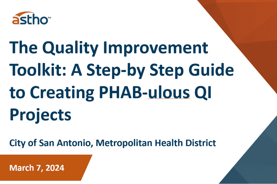 Thumbnail reads: The Quality Improvement Toolkit: A Step-by-Step Guide to Creating PHAB-ulous QI Projects. Featuring the City of San Antonio, Metropolitan Health District. March 7, 2024.
