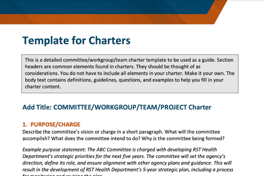 Screenshot of first page of the template for charters resource.
